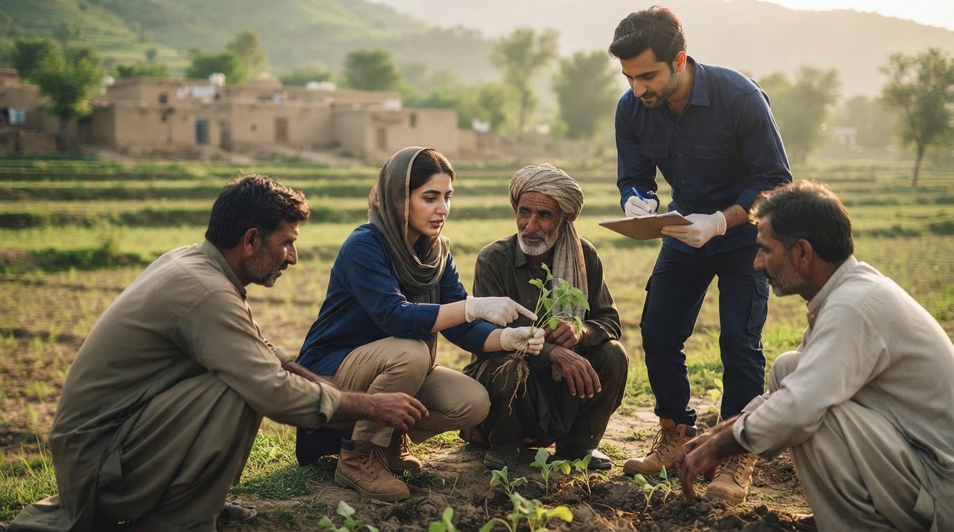Community leaders and development workers gathered in an outdoor meeting in Pakistan