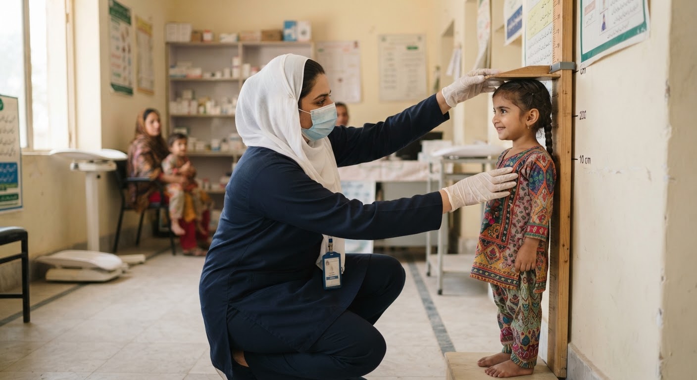 Healthcare professional checking a young child during a community nutrition assessment