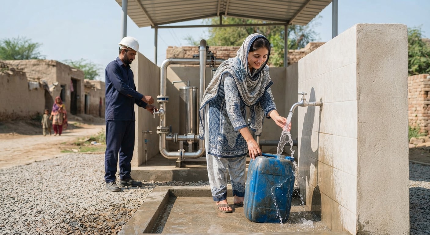 Clean community water station installed in a rural Pakistani village